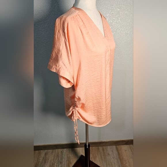 Chicos Peach V-Neck Silky Short Sleeve Blouse - Picture 15 of 16